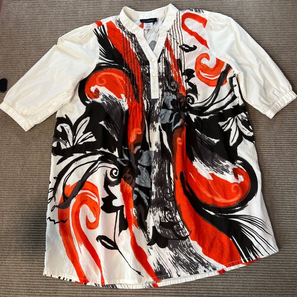 Ulla Popken Womens Red Black Abstract Floral Beaded Cotton Tunic Top Size 16/18